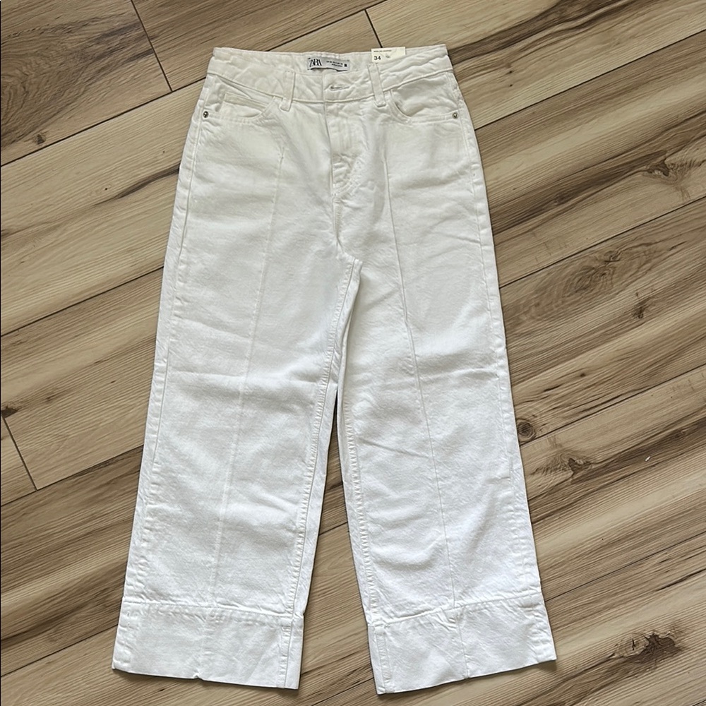 Zara White Flare Wide Leg Cropped Jeans